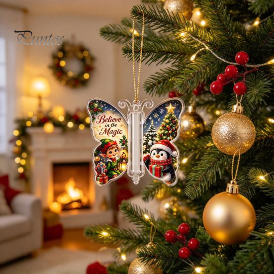Christmas Keepsake for Money Cash Gift Ornament, 2D Acrylic Butterfly Holder Unique Family Ornament with Clear Compartment Trees, Windows, Doors