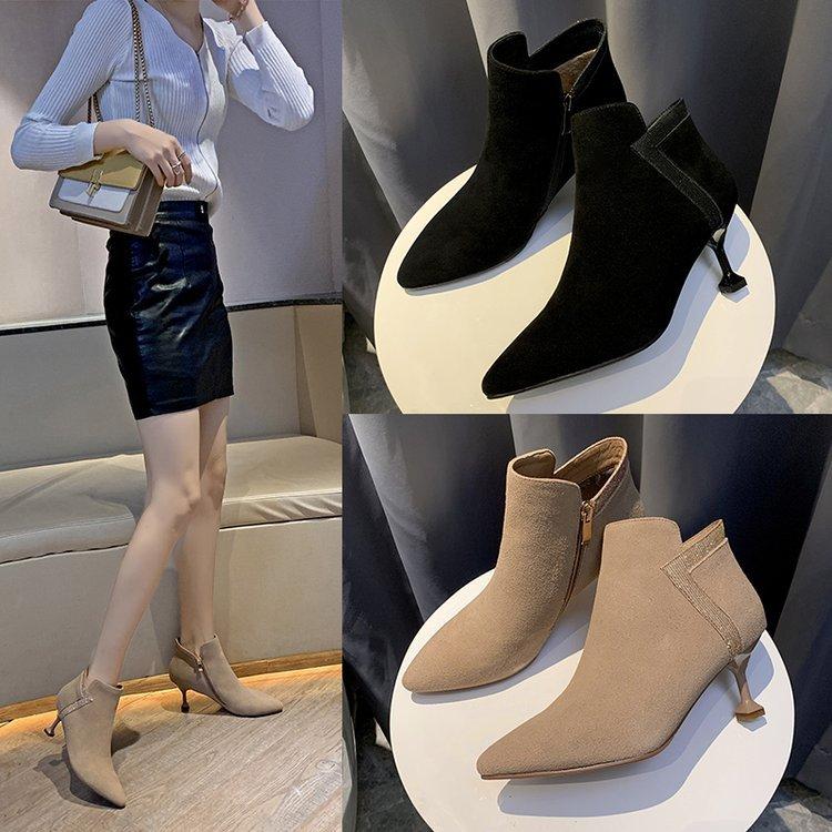 Short Boots with Women's Low-heeled Shoes Side Zipper Suede Surface High Heel Fabric Pointed Toe Shoes Suede Short Booties