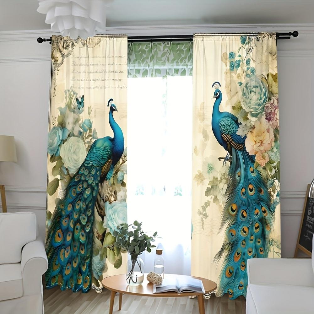 2pcs Peacock printed curtains, pole bag curtains, bedroom and living room, home decoration, room decoration