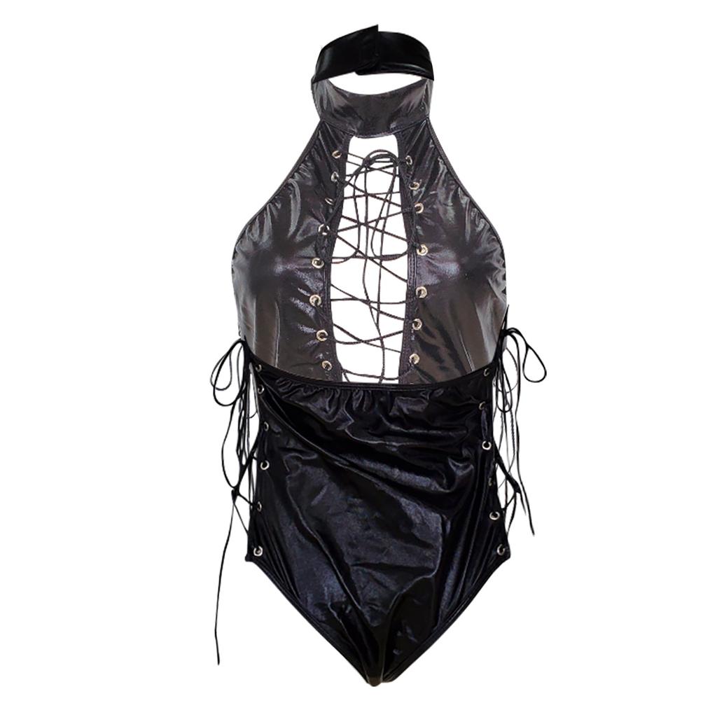 Damer Sexy Interessant Skinny Hollow Rope Lær Bodysuit Set