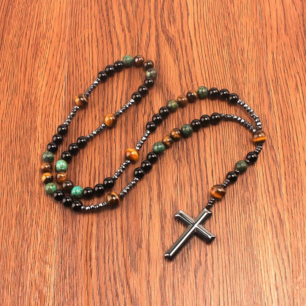 Natural Stone Turquoise &Tiger-eye Beads Cross Pendant Necklace Bohemia Colorful Bead Necklace Beads' Color Is Random