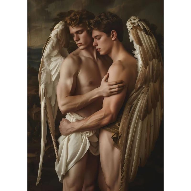 Two European Boys Wearing Wings Poster Handsome Gay Boy Love Prints Canvas Painting for Wall Art Living Room Home Decor Mural