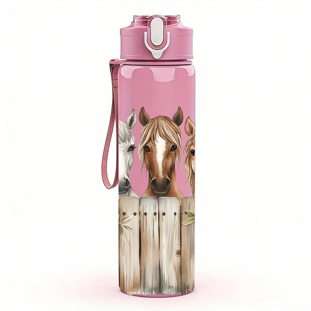1 Pezzo Testa di Cavallo da Fattoria Filare Recinzione in Legno 750ml Bottiglia d'Acqua in Plastica Colorata Tappo a Flip-Straw Anti-Perdita Per Sport Ufficio Uso Domestico