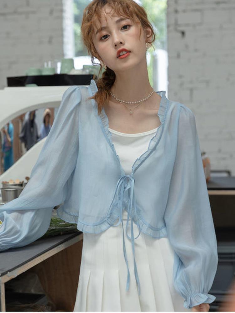 Women Summer Sun Protection Coat Lace Bow Ruffle Cardigan Shirt Female Blouse Tops for Woman Covers Blusa White Y2K