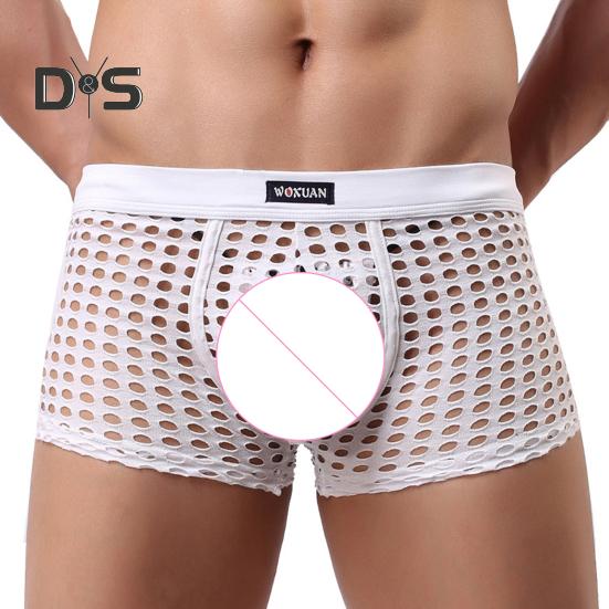 Men Sexy Hollow Out Shorts Briefs Low-rise Breathable Mesh Underwear Solid Color 3D U-convex Panties Underpants