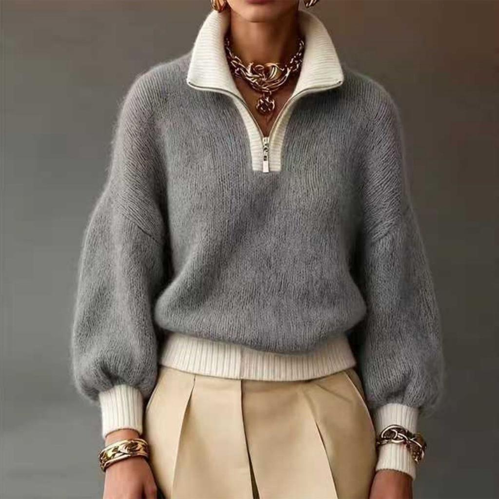 Women's Color Block Half-Zip Turtleneck Knit Sweater Top for Casual Wear