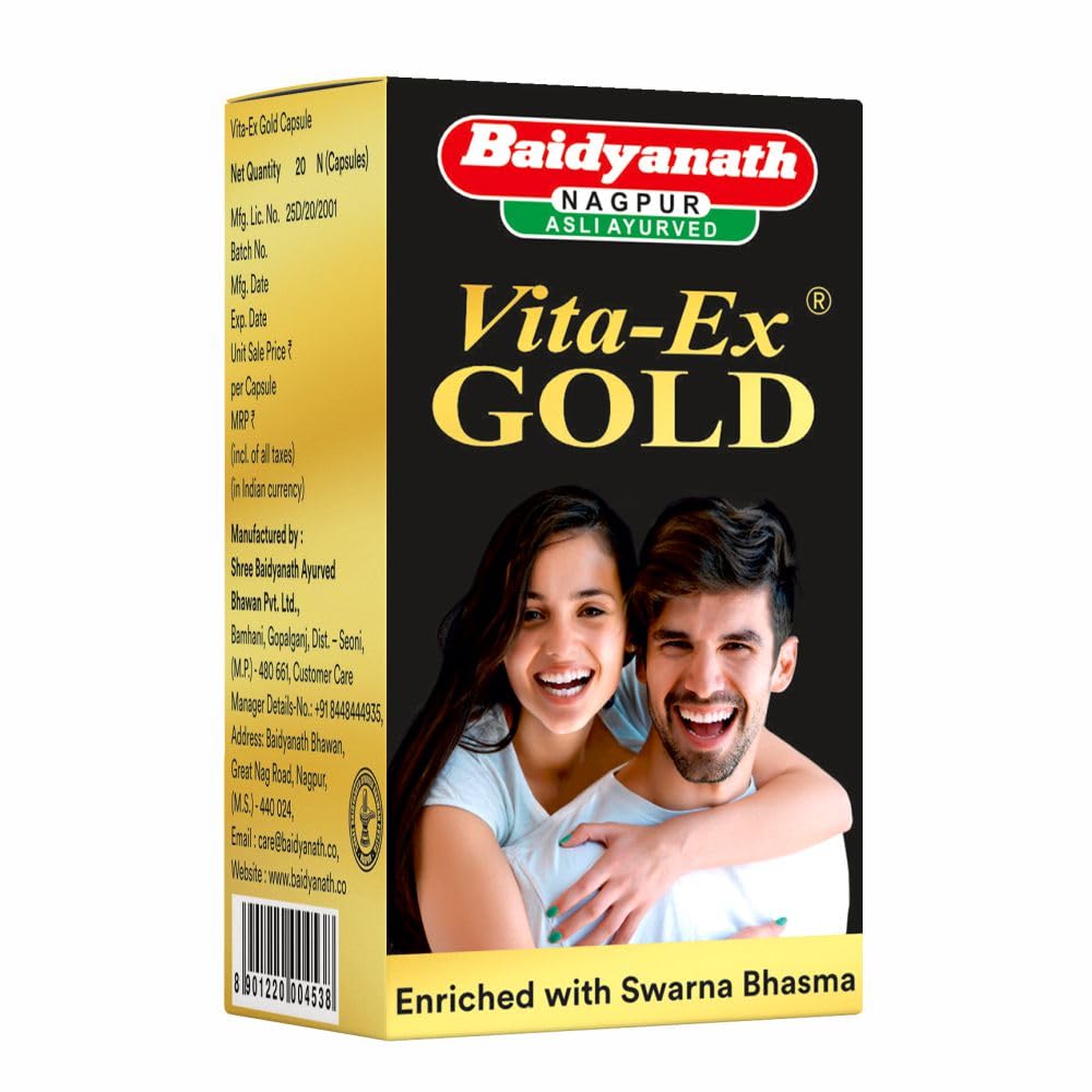 Baidyanath Vita Ex Gold Plus 20 капсул для мужчин | Усилитель выносливости, силы и жизненной энергии | Негормональная аюрведическая пищевая добавка для энергии
