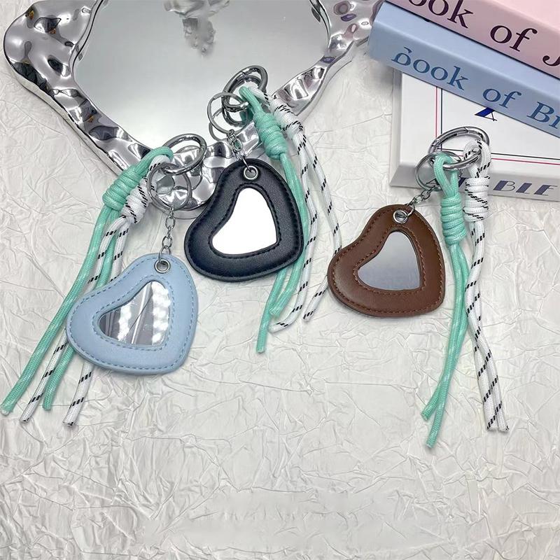Trendy Woven Rope Keychain Y2K Creative Heart Mirror Keyring Dopamine Colored Braided Rope Key Holder Bag Pendant Gifts