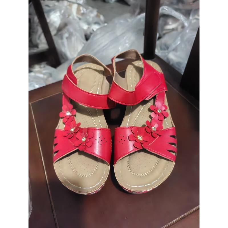 Wedge heel sandals women's summer new hollow flower thick sole one-word sandals beach women's sandals