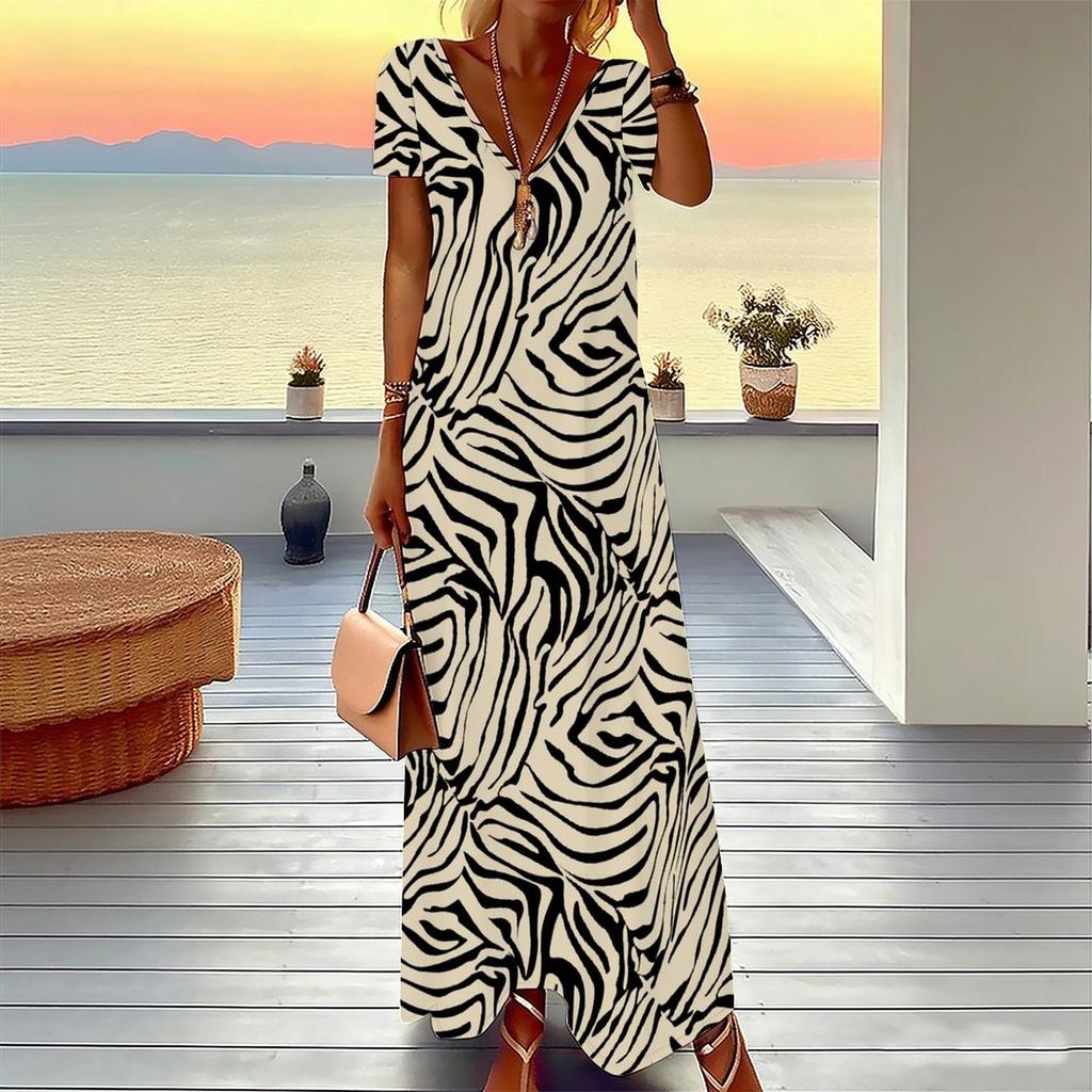 Women Plus Size V Neck Short Sleeve Maxi Dress Gradient Pink Leopard Print Loose Summer Beach Long Dress