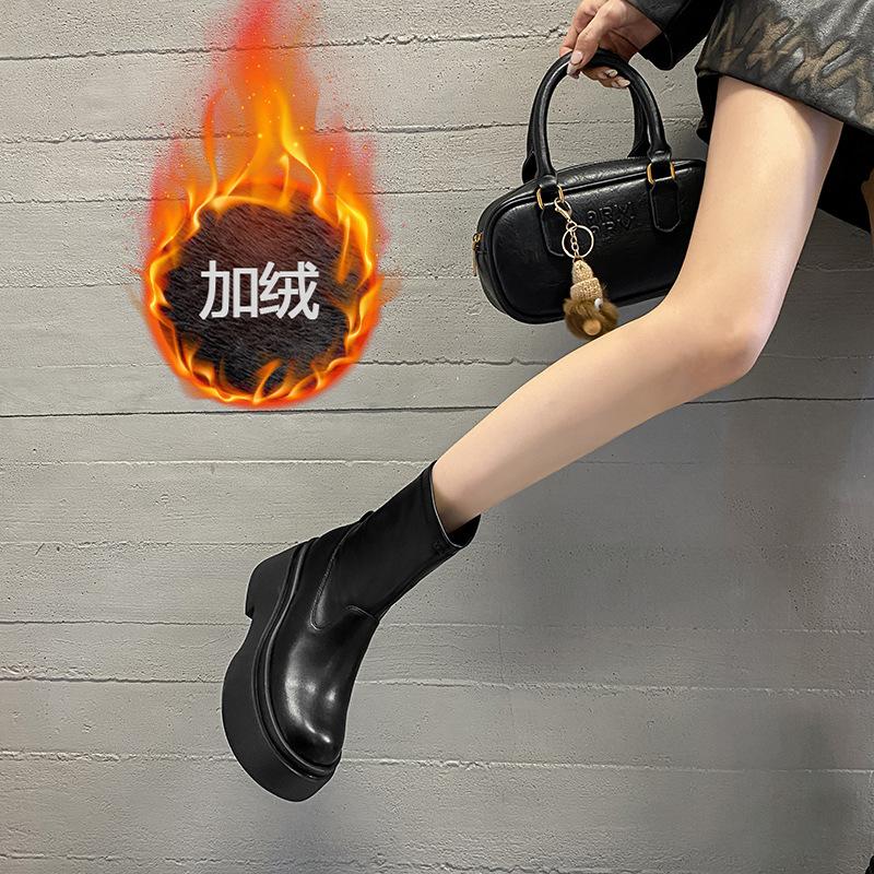 

Internet celebrities with the same Korean version of the new shorty Le super thick-soled velvet elastic medium boots women s thin boots short boots Ma 40
