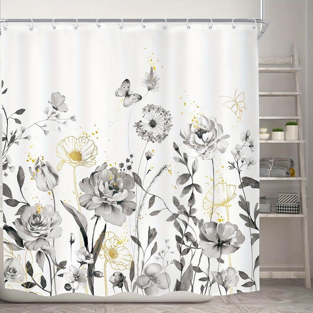 Grey Floral Shower Curtain - Rustic Wildflower Vintage Farmhouse Design with 12 Hooks for Bathroom Decor