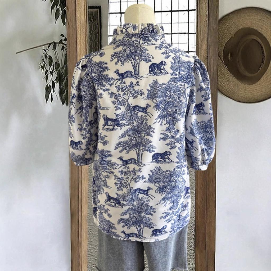 New European and American printed V-neck ruffle edge women's top