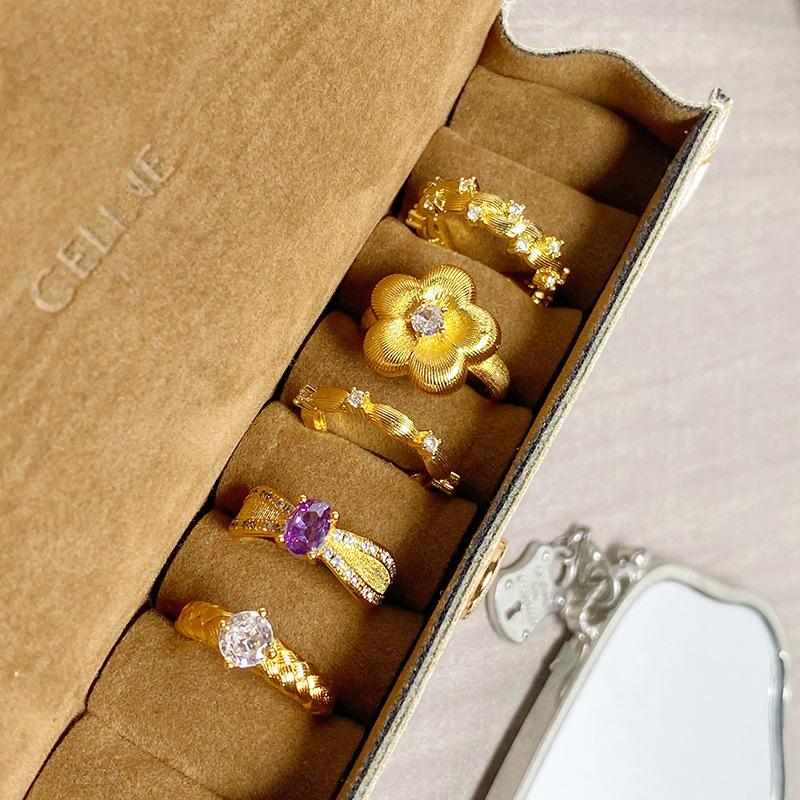 Italian Vintage Brushed Bramble Vine Zircon Ring Medieval Vintage Brushed Small Flower Personality Ring