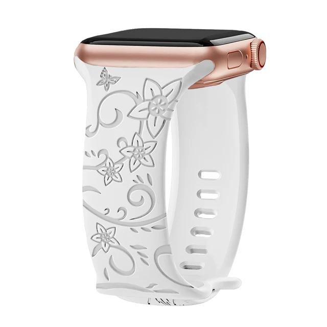 Floral Engraved Strap For Apple Watch Band 40mm 44mm 41mm 49mm 45mm 38mm 42mm Silicone Bracelet Iwatch Series 9 7 Se 6 8 Ultra 2