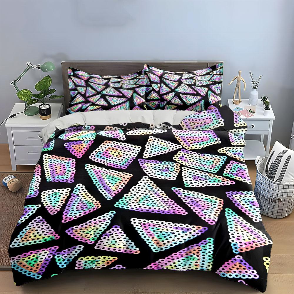 3Pcs Rainbow Pixel Triangles Bedding Set, Perler Bead Style Print Duvet Cover + 2 Pillowcases, Retro Decor