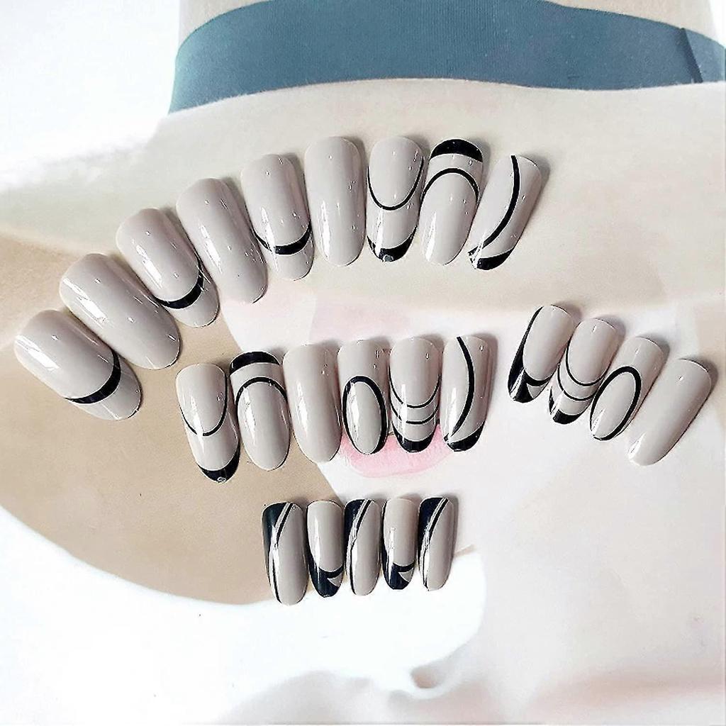 Extra Long Press On Nails, Coffin Fake Nails, Glossy Acrylic Nails, Artificial Glue On Nails For Women And Girls 24pcs-Black Abstract Swirl