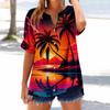 Women's loose printed stand collar short-sleeved cotton and linen top