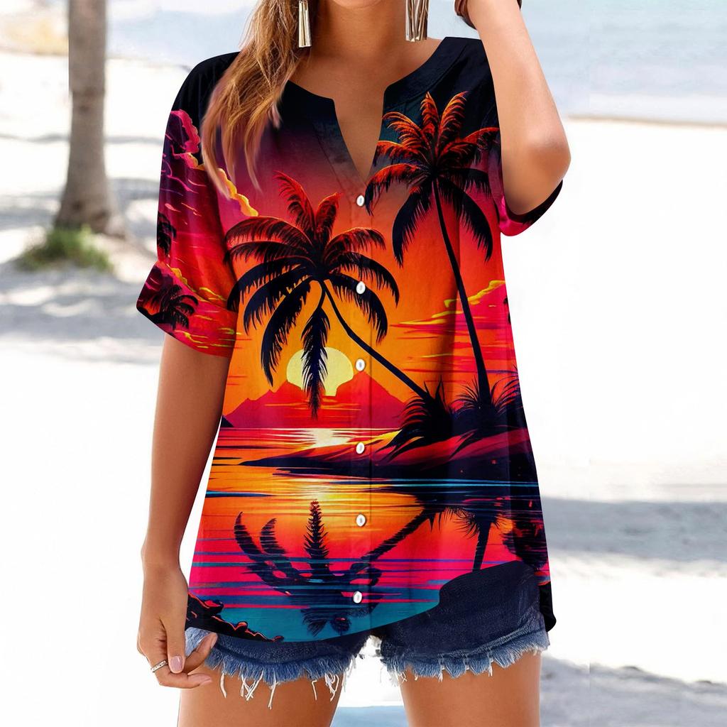 Women's loose printed stand collar short-sleeved cotton and linen top