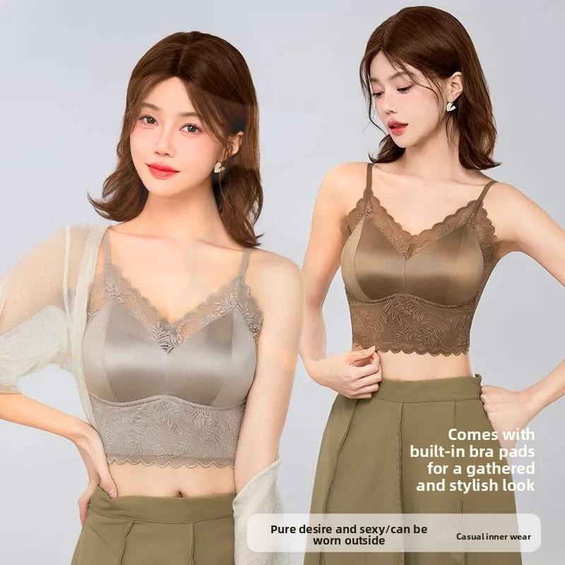 French Style Satin Lace Fixed Cup Camisole, Sexy Breathable Sheer Inner Wear Women's Tank Top