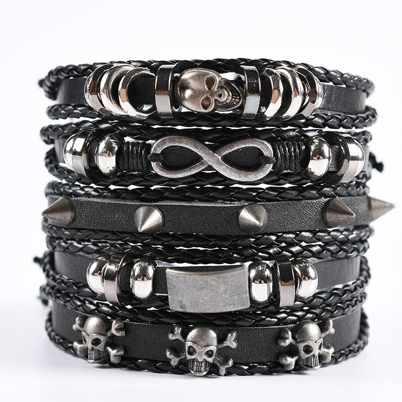 Men's Punk Skull Leather Bracelet Set Multi-Layer Gothic Rock Chain Bracelets Pentagram Charm Hip Hop Streetwear Badge Jewelry Accessories for Him