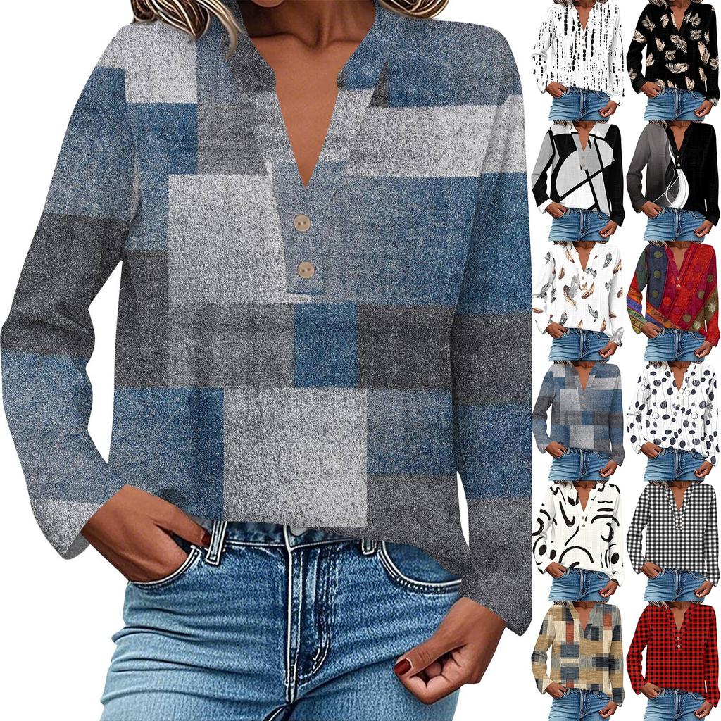 Women's Fashionable And Casual Shirt Long Sleeve V-neck Button Printed Blouse Top