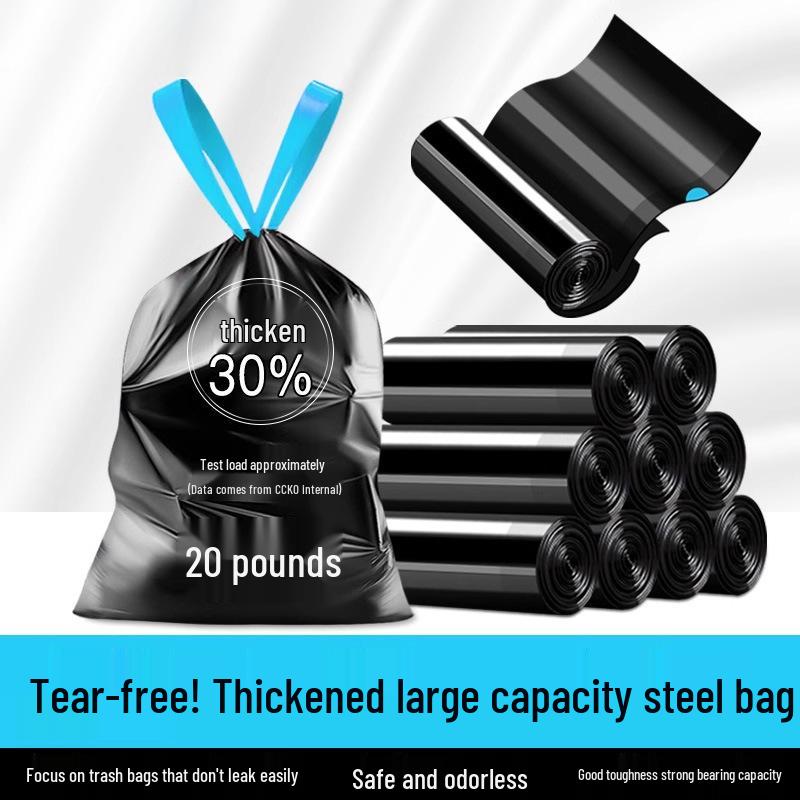 Tear-Free Drawstring Garbage Bags - Portable, Extra Thick, Self-Sealing Black Bags for Kitchen Use