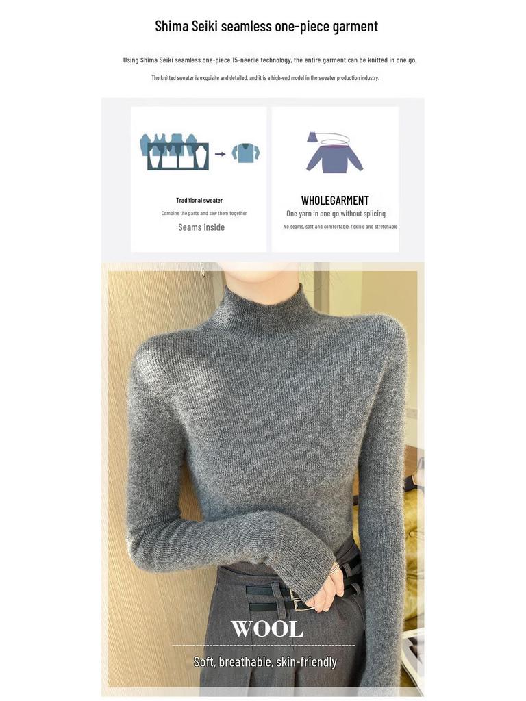 Women's Seamless Slimming Knit Top - Half-High Neck, Long Sleeve, Elegant Autumn/Winter Wool Innerwear