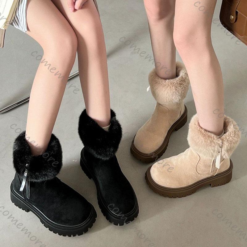 Comemore Fur Padded Thick-soled Snow Boots Women's 2025 New Winter Warm Cotton Shoes Casual Middle Heel Side Zipper Female Botas