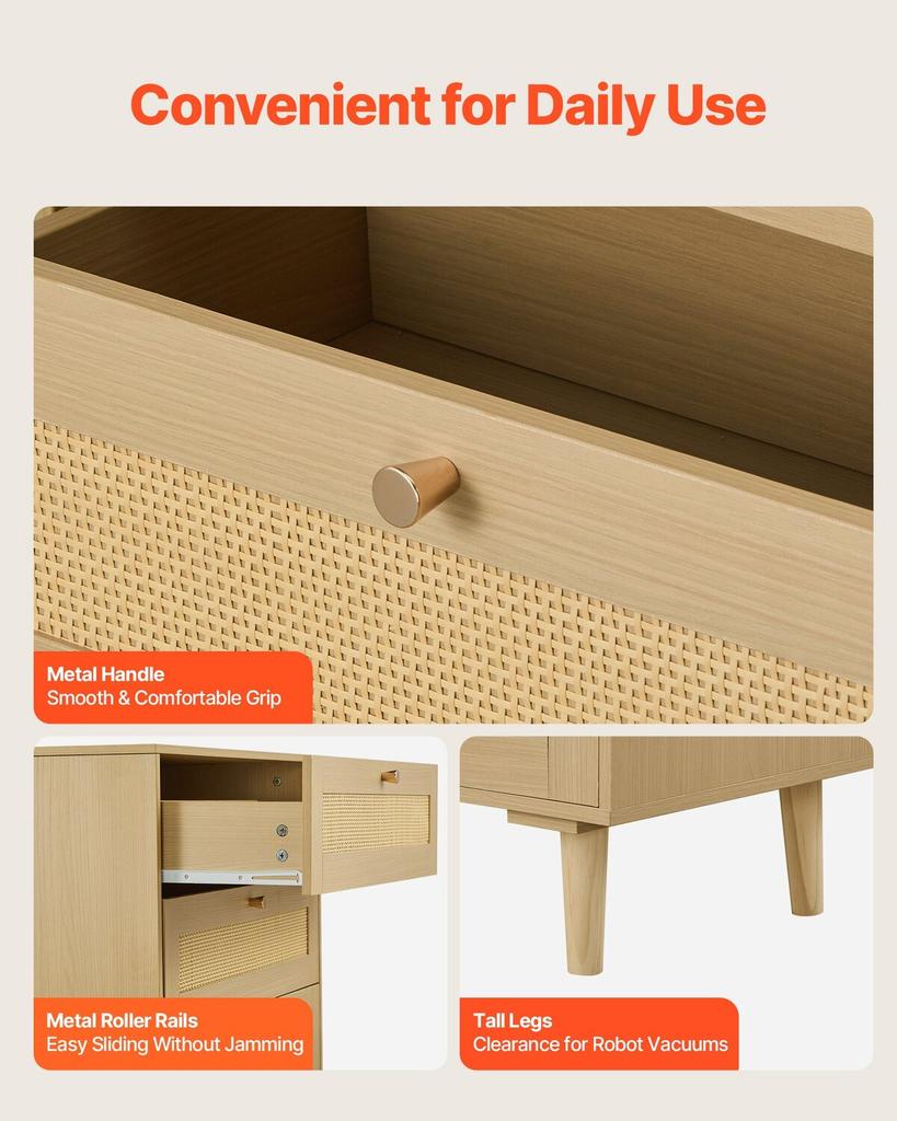 5-Schubladen Rattan Kommode, Moderne Schrankkommode für Schlafzimmer, Natürliche Rattan Kommode mit Metallgriffen & Holzbeinen, Kleideraufbewahrungskommode