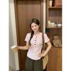 Fashion niche design sense semi-open neck front shoulder short-sleeved T-shirt women's summer slim and thin versatile small top