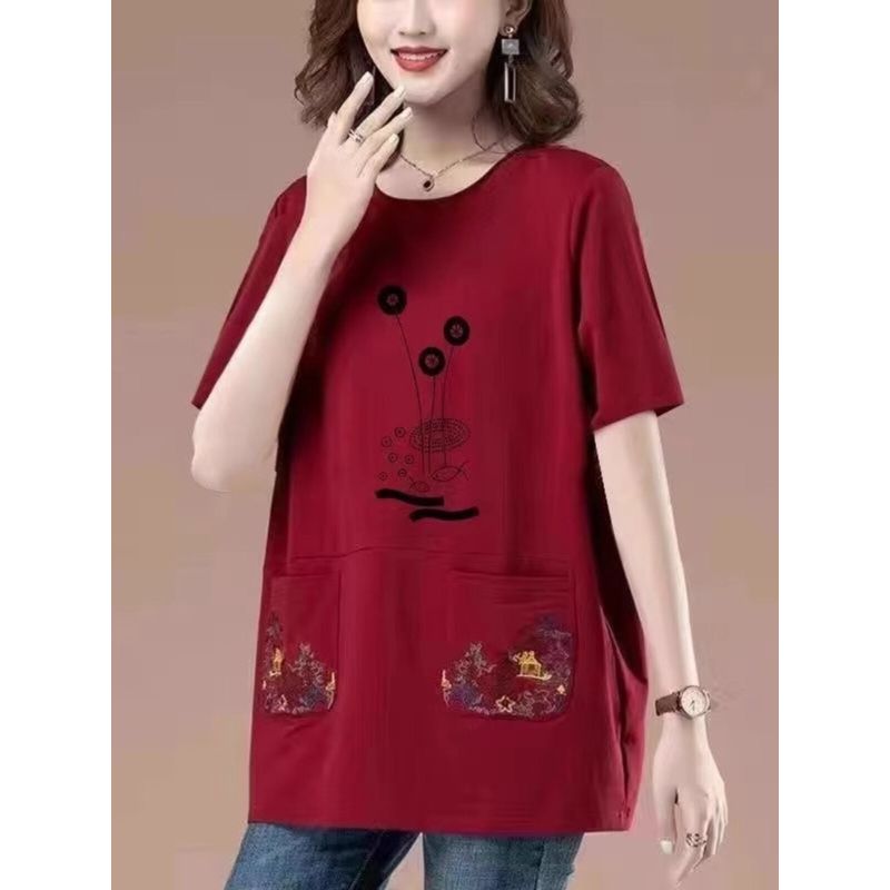 Long Length Pure Cotton Short-Sleeved T-shirt for Women Summer New Arrival Loose Plus Size Middle-Aged Ladieswear Loose Tummy Hiding Slimming Tops
