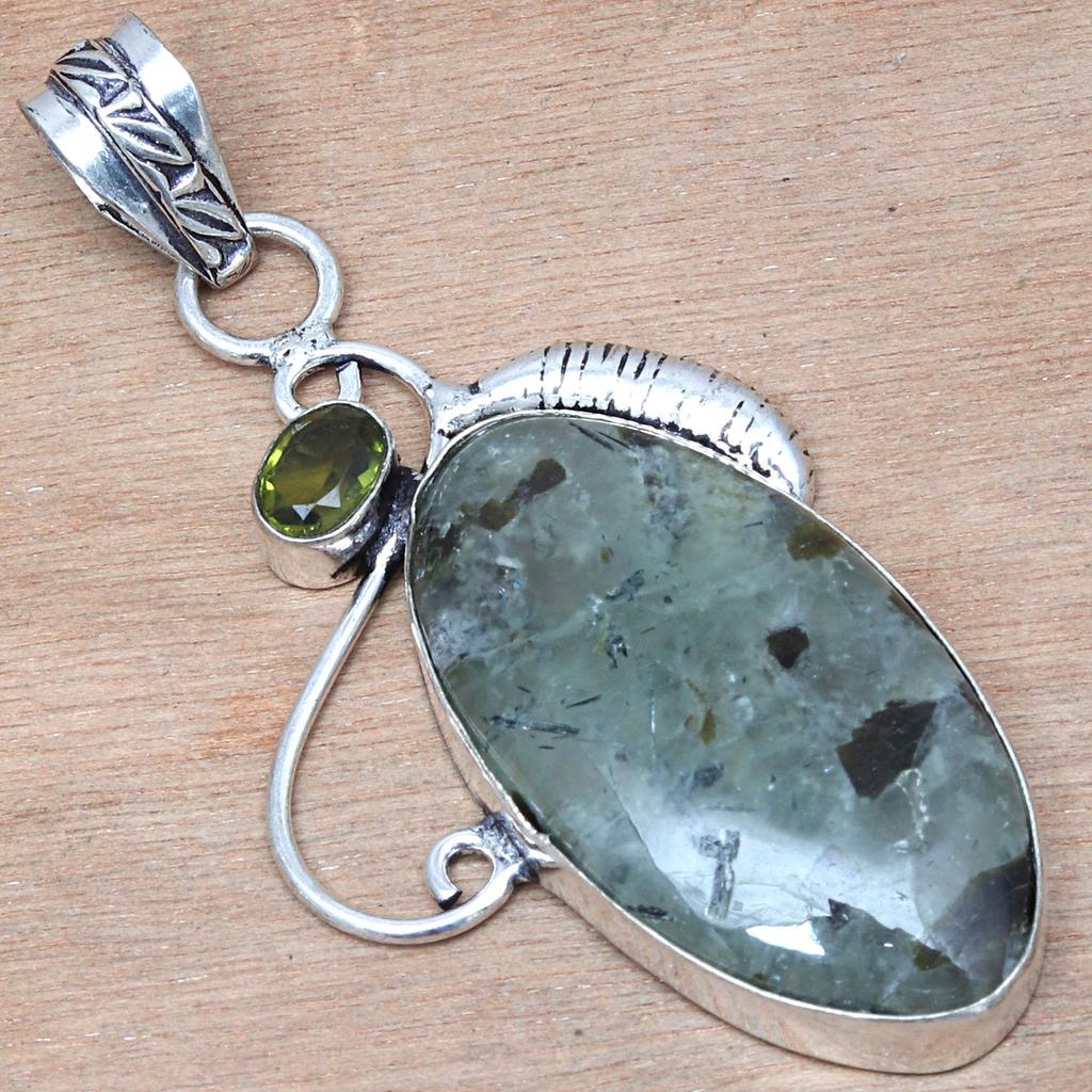 Pendant Prehnite Marlene  Peridot Gemstone Handmade Silver Jewelry 2.5"