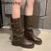 Vintage Gürtelschnalle Frau Western Cowboy Stiefel Mode Slipper Niedriger Absatz Lange Stiefeletten Botas De Inverno Feminina