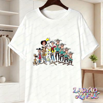 Klassisches Lucky Luke Besetzung Druck Lässige Oberteile Retro Western Animation Baumwolle T-Shirt Sommer Freizeitkleidung für Unisex Damen Trendiges T-Shirt