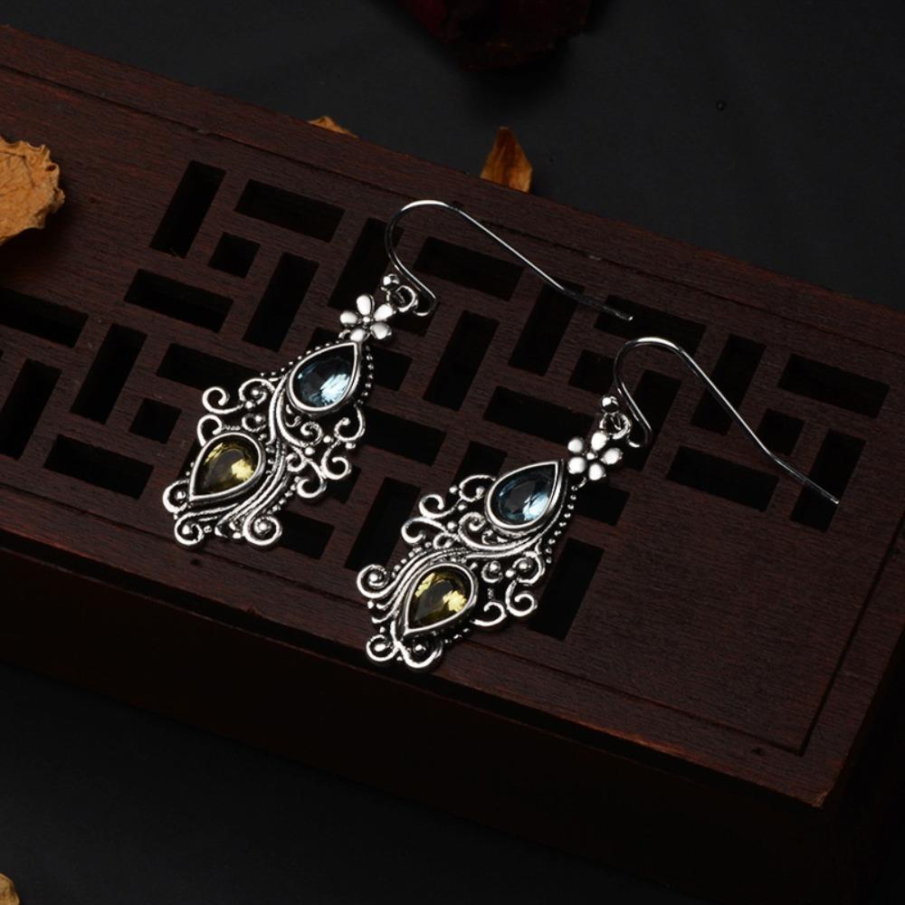 Retro Court Style Sea Blue Topaz Flower Water Droplet Shape Dangle Earrings for Women Luxury Temperament Piercing Jewelry Gifts