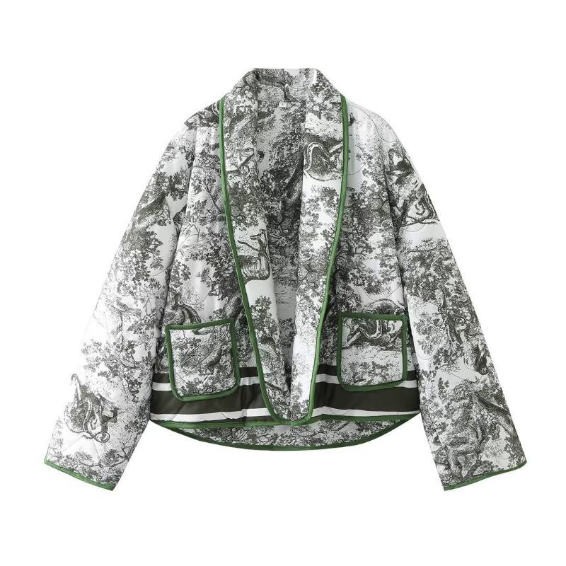 

Зимняя куртка с принтом, женская краска в стиле пэчворк, свободный шарф с воротником, женское хлопковое пальто, модная женская теплая верхняя одежда с карманами L зелёный