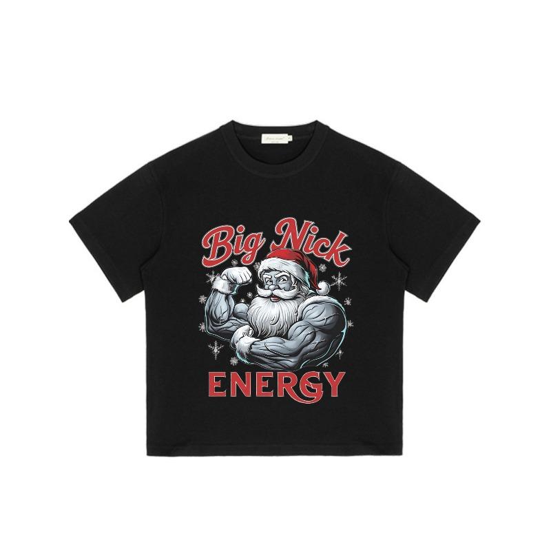 Big Nick Energy Christmas Santa Claus T Shirt Black Muscular Santa Print Casual Holiday Wear Men's Fashion Top