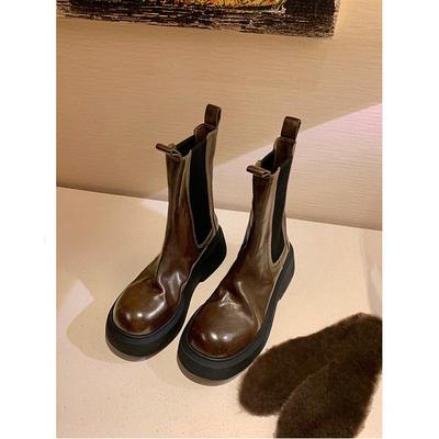 Cowhide Version~ Thick-soled Chelsea Short Boots Women's Round Head Elastic Band Thick Heel Medium Tube Martin Boots