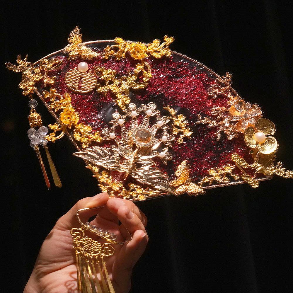 Original Handmade Red Xiuhe Wedding Fan for Bride - Ancient Style Bridal Accessory.