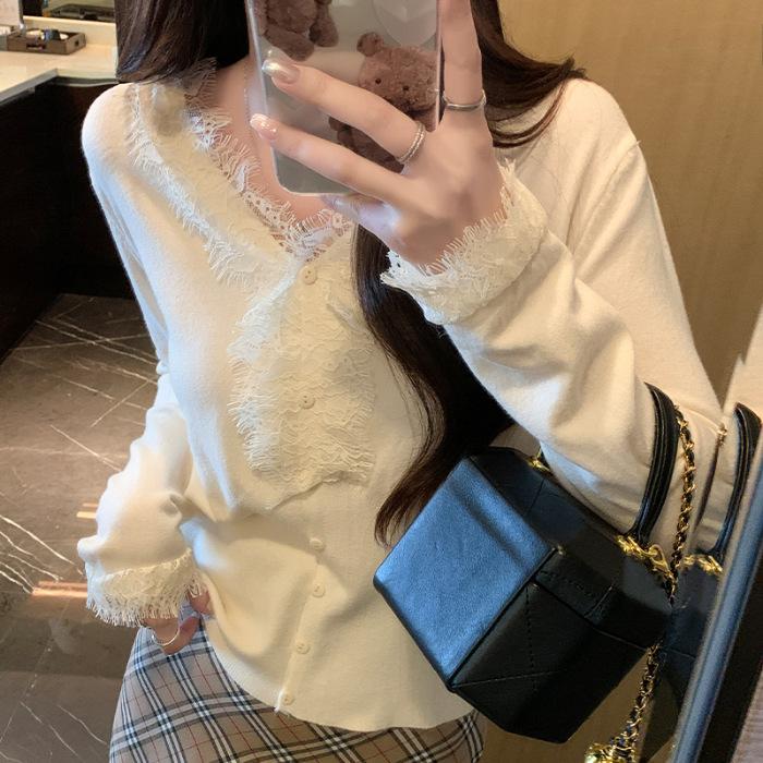 Lace edge v-neck solid color knitted bottoming shirt women's cardigan autumn and winter new foreign style long-sleeved short sweater
