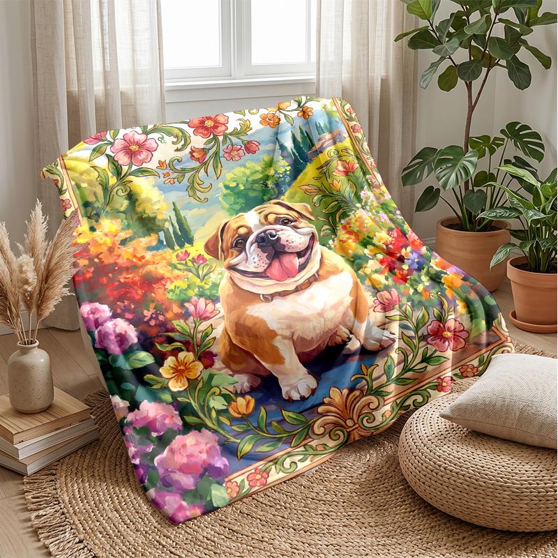 Bulldog Floral Pattern Blanket Personalized Name Flannel Blanket Soft Cozy Plush Throw for Sofa Bed Lightweight Home Decor