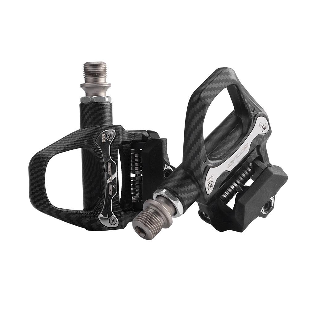 GUB RD5 Clipless Road Bike Pedals: Self-Locking, Aluminum Alloy, SPD-SL with Cleats, Carbon Fiber Texture.
