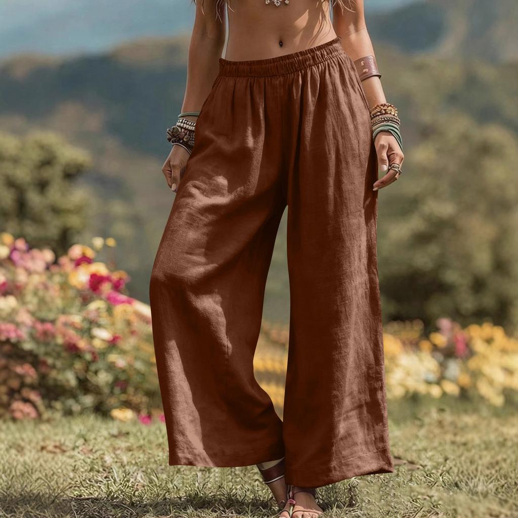 Women's -color Cotton And Linen Wide-leg Pants With Pockets