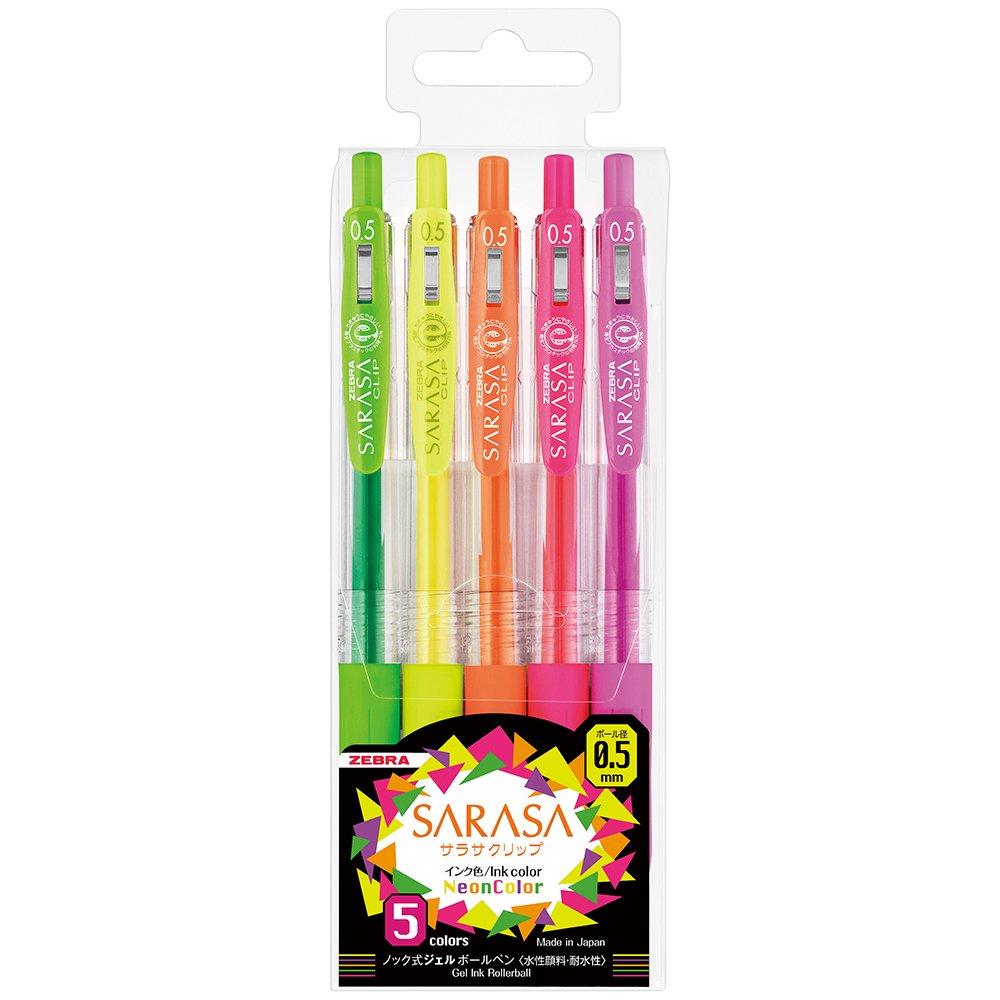Zebra Sarasa Clip Gel Ballpoint 5 Pen, 0.5, Neon, Colors, JJ15-5C-NO