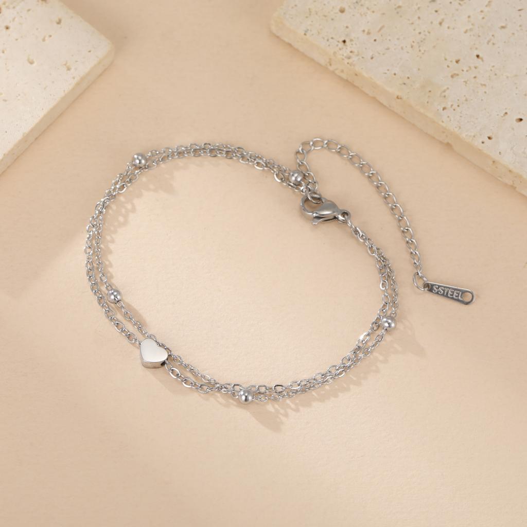 Teamer Stainless Steel Summer Love Heart Charm Bracelet Anklet for Women Girls Double Layer Chain Anklet Foot Beach Jewelry