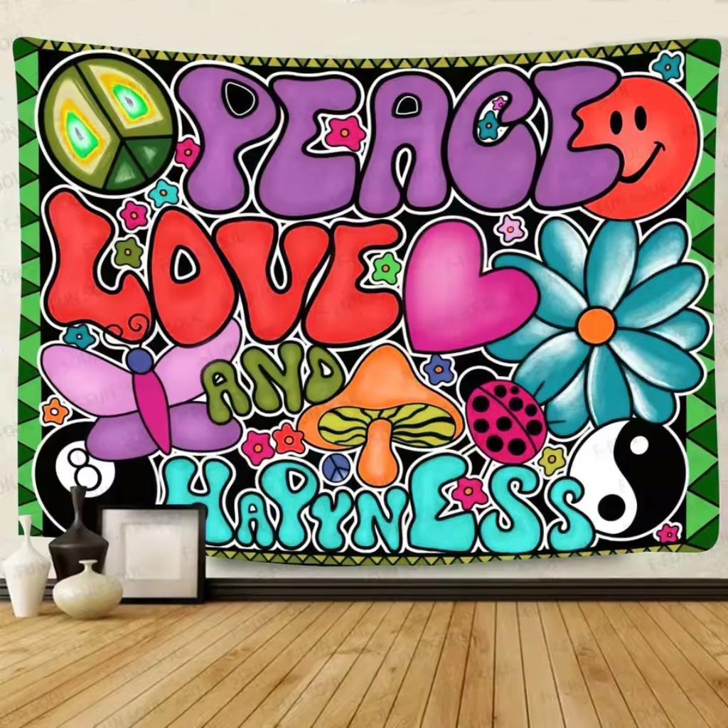 Groovy Peaceful Love And Happiness Wall Tapestry 70s Hippie Aesthetic Tapestry Bedroom Tapestry Living Room Bedroom decor