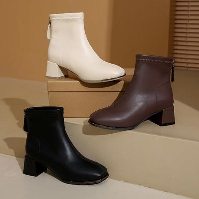 Zimowe nowe brytyjskie buty w stylu z zamkiem błyskawicznym z tyłu, damskie, z szorstkim obcasem, ze skóry zamszowej, uniwersalne krótkie buty