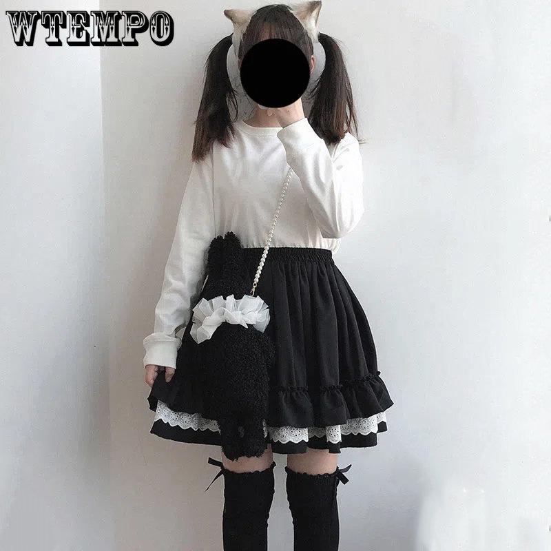 WTEMPO Fuste Lolita din dantelă Kawaii Femei Harajuku Vintage Volane Patchwork cu talie elastică Mini-fuste Moale Fată japonez Streetwear