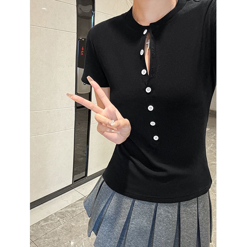 Sommer Neues Amerikanisches Heißes Mädchen Intrigantes Halboffener Kragen Kurzärmeliges T-Shirt für Damen Ins Vielseitiges Schlankes Oberteil